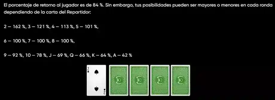 Tabla de probabilidad de ganar en el juego de riesgo para cada carta del crupier